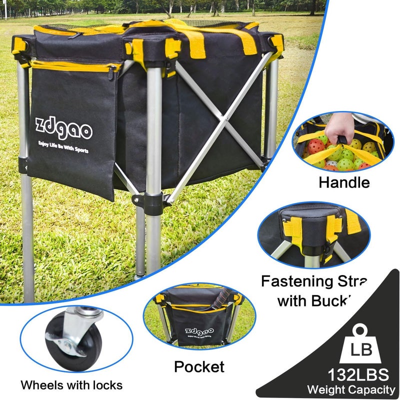 LOMGWAYS Pickleball Tennis Ball Hopper-Foldable Lightweight Tennis Cart Holds 180 Tennis/160 Pickleballs with Removable Bag,Wheels,Side Pocket for Training/Teaching, for Tennis/Pickleball/Baseball/Softball - Image 4